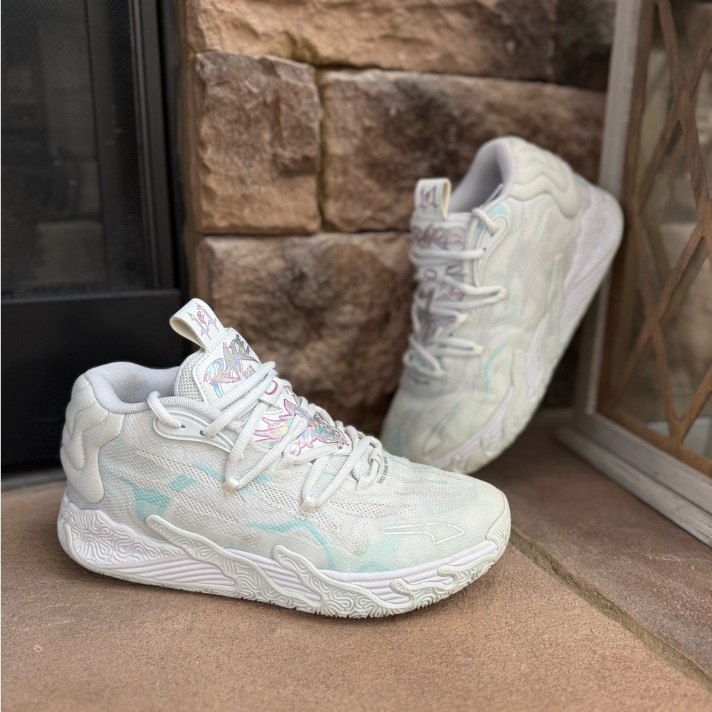Puma Melo MB.03 White Iridescent Basketball Shoes, Size 7